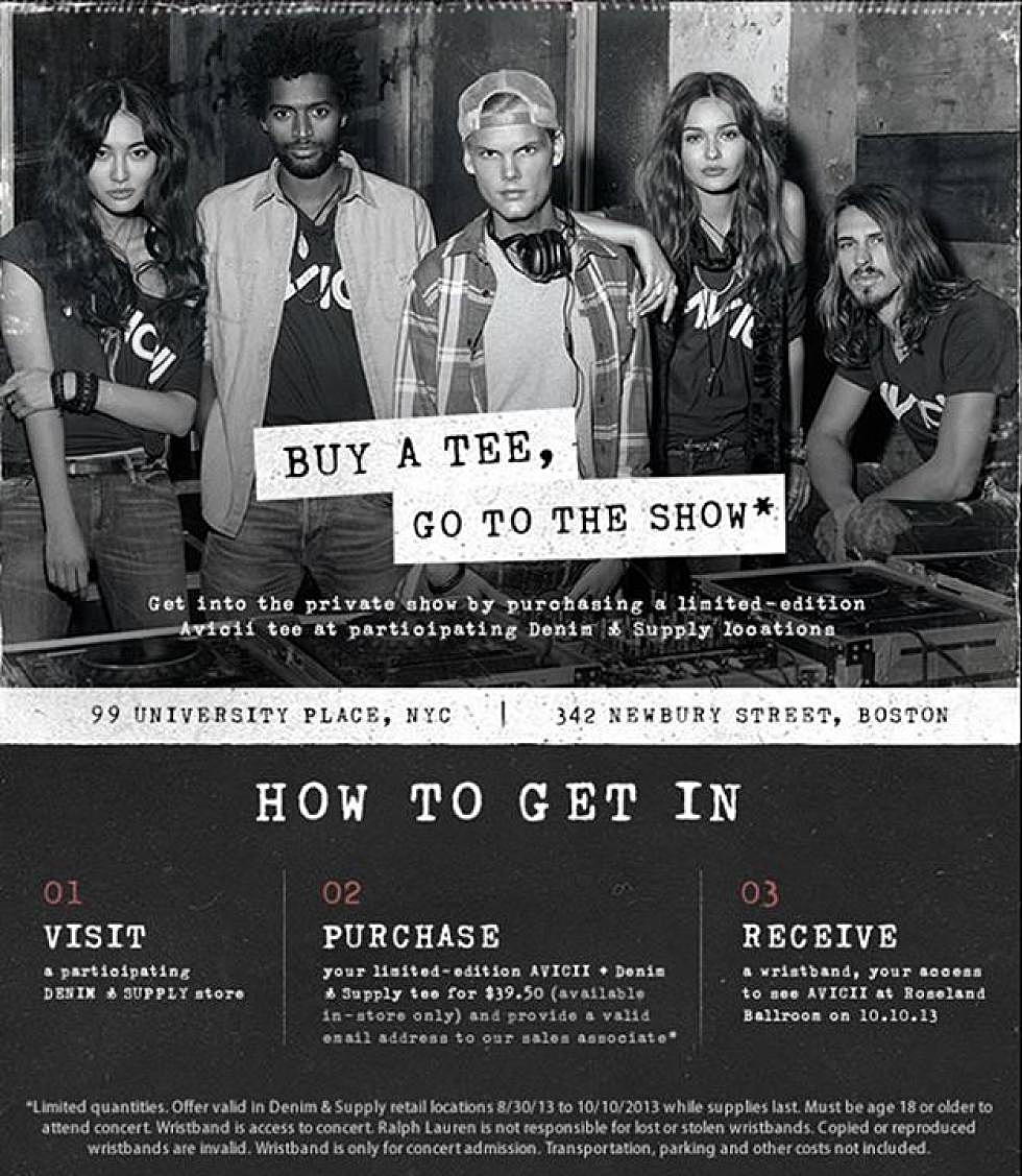 Purchase an Avicii Ralph Lauren Denim &#038; Supply shirt and get a free ticket to his show at Roseland Ballroom, NYC 10/10